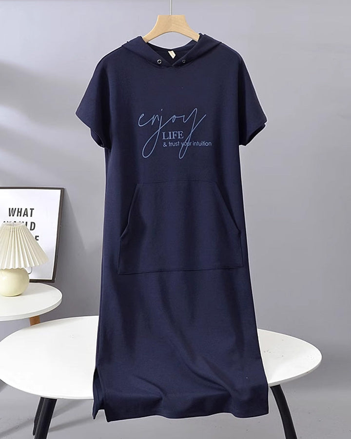 Parker - Casual Letter Print Hooded Pullover Dress