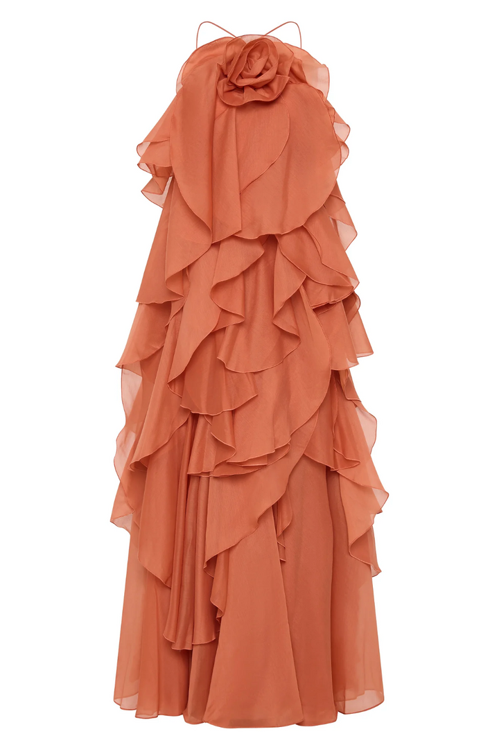 Nephele - Long Halter Ruffle Cocktail Dress